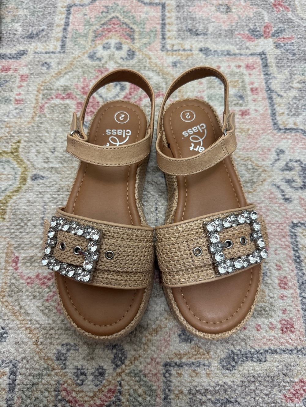 art class Tan Jeweled Buckle Woven Girls' Sandals